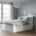 BRIMNES Bed frame w storage and headboard, white/Lönset, 160x200 cm - تصویر 2