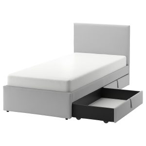 GLADSTAD Upholstered bed, 2 storage boxes, Kabusa light grey, 90x200 cm
