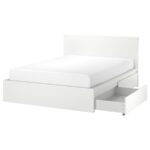 MALM Bed frame, high, w 2 storage boxes, white/Luröy, 160x200 cm