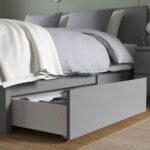 MALM Bed frame, high, w 4 storage boxes, grey stained/Luröy, 160x200 cm - تصویر 7