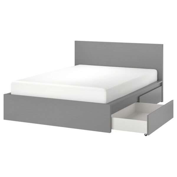 MALM Bed frame, high, w 4 storage boxes, grey stained/Luröy, 160x200 cm
