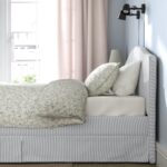 RAMNEFJÄLL Upholstered bed frame, Klovsta grey/white/Luröy, 180x200 cm - تصویر 4