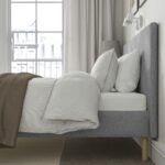 TÄRNKULLEN Upholstered bed frame, Tibbleby beige/grey/Lindbåden, 160x200 cm - تصویر 3